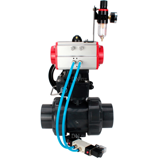 Кран шаровой BV4242E-FP-GRM-ISO Дн80 Ру10 полнопроходной, корпус - НПВХ, шар - НПВХ, уплотнение - EPDM, с пневмоприводом PA-DA-065, пневмораспределителем 4V320-10 AC220V, ручным дублером MON1-250-T26-ISO и БПВ AFC2000 в Омске