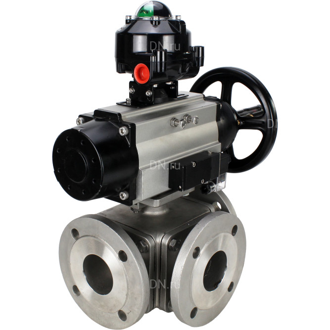Кран шаровой BV3232P(4pc)-FP-3WL-F Ду100 Ру16 полнопроходной трехходовой, фланцевый, корпус - нержавеющая сталь SS316, с пневмоприводом PA-DA-105-1 двойного действия, пневмораспределителем 4M310-08 DC24V и БКВ APL-510N EX в Омске