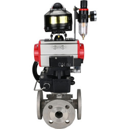 Кран шаровой BV3232P(4pc)-FP-3WL-F Ду40 Ру16 полнопроходной трехходовой, фланцевый, корпус - нержав.сталь SS316, пневмопривод PA-DA-065, пневмораспределитель 4M310-08 AC220V, БКВ APL-510N EX, ручной дублер MON1-250-T26-ISO и БПВ AFC2000