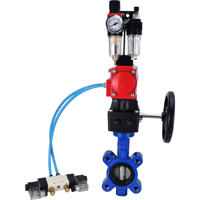 Затвор дисковый поворотный WBV1631E-2W-Fb-H Ду100 Ру16 LUG корпус - чугун QT450, диск - нержавеющая сталь 304, уплотнение - EPDM, с пневмоприводом PA-DA-083, пневмораспределителем 4V320-10 AC220V, редуктором MON2-450-T28-ISO и БПВ AFC2000 в Омске