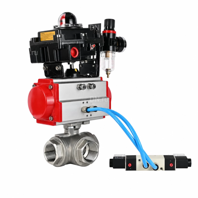 Кран шаровой BV3232P(4pc)-SP-3WL-T-ISO-H WDVF Ду65 Ру40 стандартнопроходной, 3-ходовой L-тип, внутренняя резьба, нержавеющая сталь AISI 316, PTFE, с пневмоприводом PA-SA-140, пневмораспределителем 4V320-10 AC220V, БКВ APL-410N EX и БПВ AFC2000 в Омске