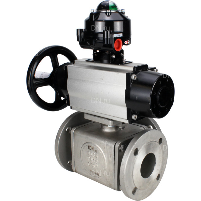 Кран шаровой BV3232P(4pc)-FP-3WL-F Ду100 Ру16 полнопроходной трехходовой, фланцевый, корпус - нержавеющая сталь SS316, с пневмоприводом PA-DA-105-1 двойного действия, пневмораспределителем 4V320-08 AC220V и БКВ APL-510N EX в Омске