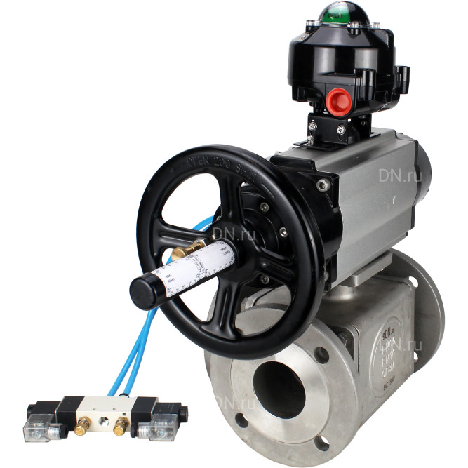 Кран шаровой BV3232P(4pc)-FP-3WL-F Ду100 Ру16 полнопроходной трехходовой, фланцевый, корпус - нержавеющая сталь SS316, с пневмоприводом PA-DA-105-1 двойного действия, пневмораспределителем 4V320-08 AC220V и БКВ APL-510N EX в Омске
