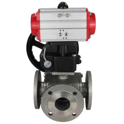 Кран шаровой BV3232P(4pc)-FP-3WL-F Ду20 Ру16 полнопроходной трехходовой, фланцевый, корпус - нержавеющая сталь SS316, с пневмоприводом PA-DA-052 двойного действия и ручным дублером MON1-250-T26-ISO