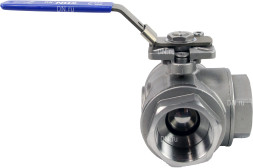 Кран шаровой BV3232P(4pc)-SP-3WT-T-ISO-H Ду20 Ру63, 3-ходовой T-тип стандартнопроходной, внутренняя резьба, уплотнение - PTFE, материал корпуса - нержавеющая сталь SS316 с ISO фланцем и рукояткой