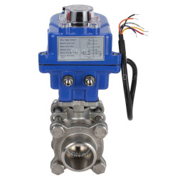 Кран шаровой BV3232P(3pc)-FP-W-ISO-H Ду20 Ру63 полнопроходной двухходовой, нержавеющая сталь SS316, под приварку, уплотнение - PTFE, с 1/4-оборотным электроприводом QT-N-003EM-O1-24VDC-У1 blue