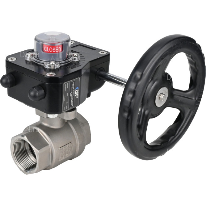 Кран шаровой BV3232P(2pc)-FP-T-ISO-H 1/2″ Ду15 Ру63 полнопроходной двухходовой, нержавеющая сталь SS316, внутренняя резьба, уплотнение - PTFE, с редуктором HGB RQN1-180Z в Омске