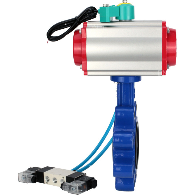 Затвор дисковый поворотный WBV1631E-2W-Fb-H Ду150 Ру16 LUG корпус - чугун QT450, диск - нержавеющая сталь 304, уплотнение - EPDM, с пневмоприводом PA-DA-105, пневмораспределителем 4V320-08 AC220V и магнитным переключателем ALS200D в Омске
