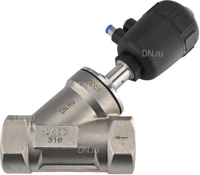 Клапан отсечной пневматический VSP3241P-T-1PNC Ду65 Ру25, корпус - нержавеющая сталь SS316, резьбовой, Y-образный, корпус привода - пластик в Омске