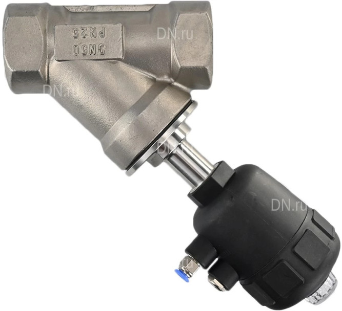 Клапан отсечной пневматический VSP3241P-T-1PNC Ду65 Ру25, корпус - нержавеющая сталь SS316, резьбовой, Y-образный, корпус привода - пластик в Омске