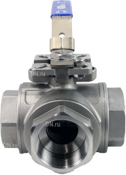 Кран шаровой BV3232P(4pc)-SP-3WT-T-ISO-H Ду25 Ру63, 3-ходовой T-тип стандартнопроходной, внутренняя резьба, уплотнение - PTFE, материал корпуса - нержавеющая сталь SS316 с ISO фланцем и рукояткой