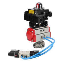 Кран шаровой BV3232P(4pc)-SP-3WL-T-ISO-H Ду25 Ру63, стандартнопроходной, четырехсоставной, корпус - нержавеющая сталь 316, уплотнение - PTFE, внутренняя резьба, с пневмоприводом PA-DA-052, пневмораспределителем 4V320-08 AC220V, БКВ APL-410N Ex