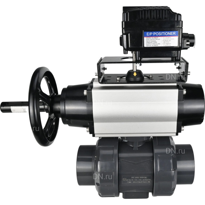 Кран шаровой BV4242E-FP-GRM-ISO Дн25 Ру10 полнопроходной, корпус - НПВХ, шар - НПВХ, уплотнение - EPDM, с пневмоприводом PA-DA-105-1 и пневмопозиционером YT-1000RSN с обратной связью в Омске