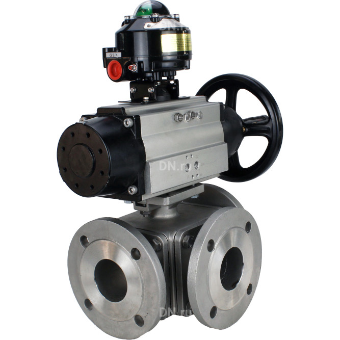 Кран шаровой BV3232P(4pc)-FP-3WL-F Ду100 Ру16 полнопроходной трехходовой, фланцевый, корпус - нержавеющая сталь SS316, с пневмоприводом PA-DA-105-1 двойного действия и БКВ APL-510N EX в Омске