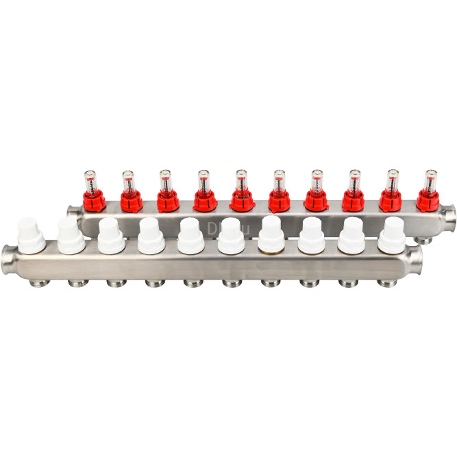 Коллекторная группа GC1-31-10 1″ Ду25 Ру10 отводов — 10, в сборе с расходомерами и терморегулирующими клапанами, без переходников, корпус - нержавеющая сталь AISI 304 в Омске