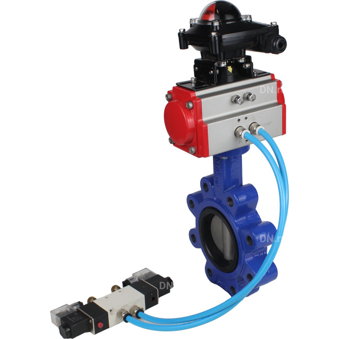 Затвор дисковый поворотный WBV1631E-2W-Fb-H Ду150 Ру16 LUG корпус - чугун QT450, диск - нержавеющая сталь 304, уплотнение - EPDM, с пневмоприводом PA-DA-105, пневмораспределителем 4V320-08 AC220V и БКВ APL-210N в Омске
