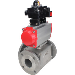Кран шаровой BV3232P(4pc)-FP-3WL-F Ду25 Ру16 полнопроходной трехходовой, фланцевый, корпус - нержавеющая сталь SS316, с пневмоприводом PA-DA-052 двойного действия и БКВ APL-410N EX