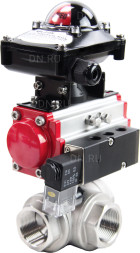 Кран шаровой BV3232P(4pc)-SP-3WL-T-ISO-H Ду32 Ру63 стандартнопроходной трехходовой L-тип, нерж. сталь SS316, внутренняя резьба, уплотнение - PTFE, пн.приводом PA-DA-052, пн.распределителем 4M310-08 AC220V и БКВ APL-210N