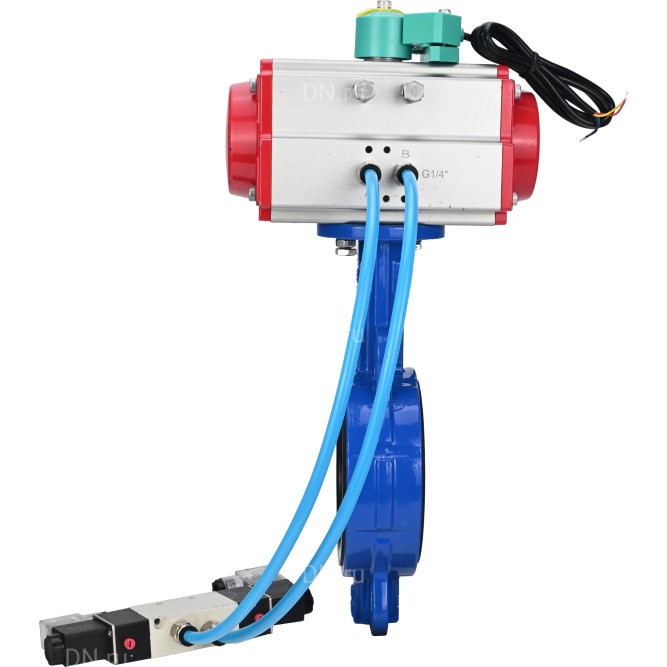 Затвор дисковый поворотный WBV1432N-2W-Fb-H Ду40 Ру16 корпус - чугун GGG50, диск - нержавеющая сталь 316L, уплотнение - NBR, с пневмоприводом PA-SA-083, пневмораспределителем 4V320-08 AC220V и магнитным переключателем ALS200D в Омске
