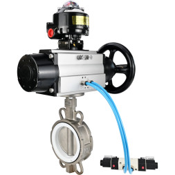 Затвор дисковый поворотный WBV3232P-2W-Fb-H Ду125 Ру16, корпус - нержавеющая сталь 316L, диск - нержавеющая сталь 316L, уплотнение - PTFE, с пневмоприводом PA-DA-105-1 двойного действия, с пневмораспределителем 4V320-10 AC220V, с БКВ APL-510N EX