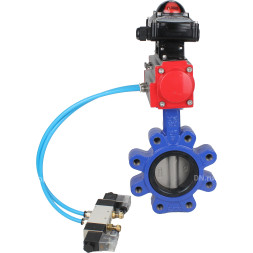 Затвор дисковый поворотный WBV1631N-2W-Fb-H Ду65 Ру16 LUG корпус - чугун QT450, диск - нержавеющая сталь 304, уплотнение - NBR, с пневмоприводом PA-DA-065, пневмораспределителем 4V320-08 AC220V и БКВ APL-210N