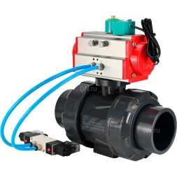 Кран шаровой BV4242E-FP-GRM-ISO Дн32 Ру10 полнопроходной, корпус - НПВХ, шар - НПВХ, уплотнение - EPDM, с пневмоприводом PA-DA-052, пневмораспределителем 4V320-10 AC220V и магнитным переключателем ALS200D