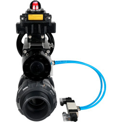 Кран шаровой BV4242E-FP-GRM-ISO Дн40 Ру10 полнопроходной, корпус - НПВХ, шар - НПВХ, уплотнение - EPDM, с пневмоприводом PA-DA-105-1, пневмораспределителем 4V320-08 AC220V и БКВ APL-410N EX