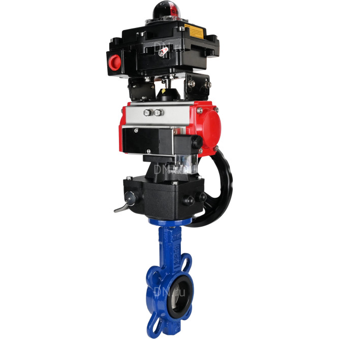 Затвор дисковый поворотный WBV1432E-2W-Fb-H Ду125 Ру16, корпус - чугун GGG50, диск - нержавеющая сталь 316L, уплотнение - EPDM, с пневмоприводом PA-DA-083, пневмораспределителем 4M310-08 AC220V, БКВ APL-410N EX, ручным дублером MON2-450-T28-ISO в Омске