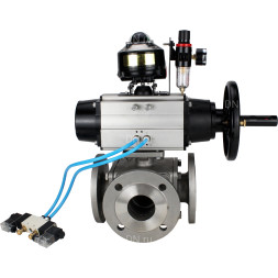 Кран шаровой BV3232P(4pc)-FP-3WL-F Ду100 Ру16 полнопроходной трехходовой, фланцевый, корпус - нержавеющая сталь SS316, с пневмоприводом PA-DA-105-1, пневмораспределителем 4V320-08 AC220V, БКВ APL-510N EX и БПВ AFC2000