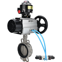 Затвор дисковый поворотный WBV3232V-2W-Fb-H Ду150 Ру16, корпус - нержавеющая сталь 316L, диск - нержавеющая сталь 316L, уплотнение - Viton, с пневмоприводом PA-DA-105-1 двойного действия, с пневмораспределителем 4V320-10 AC220V, с БКВ APL-510N EX