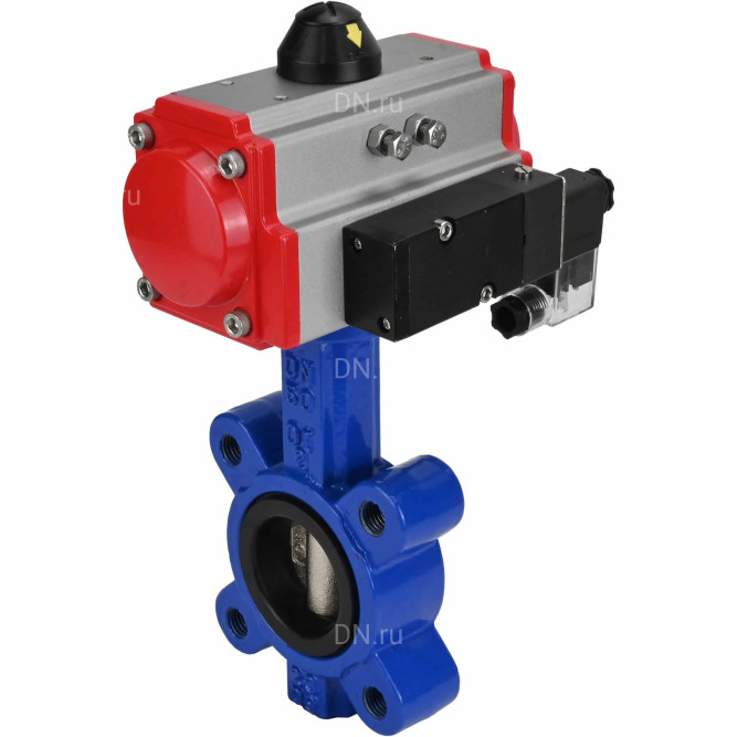 Затвор дисковый поворотный WBV1616E-2W-Fb-H Ду125 Ру16 LUG корпус - чугун QT450, диск - чугун QT450, уплотнение - EPDM, с пневмоприводом PA-SA-140 и пневмораспределителем 4M310-08 DC24V в Омске