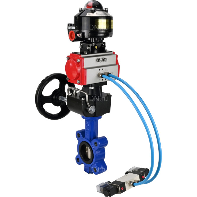 Затвор дисковый поворотный WBV1616E-2W-Fb-H Ду150 Ру16 LUG корпус - чугун QT450, диск - чугун QT450, уплотнение - EPDM, с пневмоприводом PA-DA-105, пневмораспределителем 4V320-08 AC220V, БКВ APL-510N EX и редуктором MON3-700-T38-ISO в Омске
