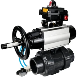 Кран шаровой BV4242E-FP-GRM-ISO Дн65 Ру10 полнопроходной, корпус - НПВХ, шар - НПВХ, уплотнение - EPDM, с пневмоприводом PA-DA-105-1, пневмораспределителем 4V320-08 AC220V и БКВ APL-410N EX