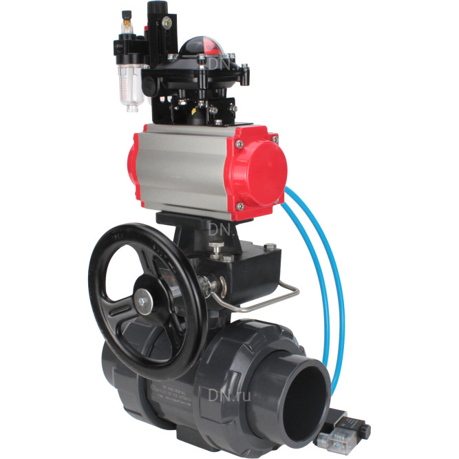 Кран шаровой BV4242E-FP-GRM-ISO Дн65 Ру10 полнопроходной, корпус - НПВХ, шар - НПВХ, уплотнение - EPDM, с пневмоприводом PA-DA-065, пневмораспределителем 4V320-08 AC220V, ручным дублером MON1-250-T26-ISO, БКВ APL-210N и БПВ AFC2000 в Омске