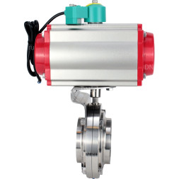 Затвор дисковый поворотный WBV3131S-2W-W-H Ду15 Ру10 под приварку, пищевая нержавеющая сталь 304, уплотнение - Silicon, с пневмоприводом PA-DA-052, пневмораспределителем 4M310-08 DC24V и магнитным переключателем ALS200D