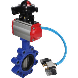 Затвор дисковый поворотный WBV1631N-2W-Fb-H Ду125 Ру16 LUG корпус - чугун QT450, диск - нержавеющая сталь 304, уплотнение - NBR, с пневмоприводом PA-DA-105, пневмораспределителем 4V320-08 AC220V и БКВ APL-210N