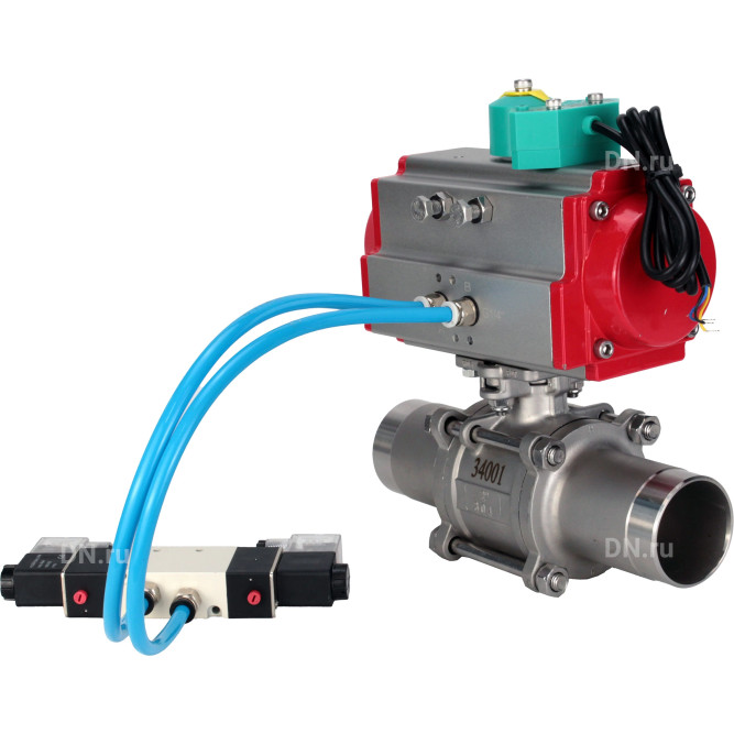 Кран шаровой BV3131P(3pc)-FP-W-ISO-H LONG Ду25 Ру63 полнопроходной, корпус - нержавеющая сталь 304, уплотнение - PTFE, под приварку, с пневмоприводом PA-DA-083, пневмораспределителем 4V320-08 AC220V и магнитным переключателем ALS200D в Омске