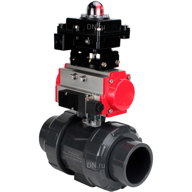 Кран шаровой BV4242E-FP-GRM-ISO Дн40 Ру10 полнопроходной, корпус - НПВХ, шар - НПВХ, уплотнение - EPDM, с пневмоприводом PA-DA-052, пневмораспределителем 4M310-08 AC220V и БКВ APL-410N EX в Омске