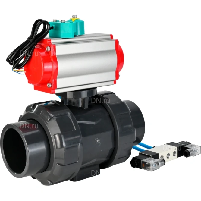Кран шаровой BV4242E-FP-GRM-ISO Дн65 Ру10 полнопроходной, корпус - НПВХ, шар - НПВХ, уплотнение - EPDM, с пневмоприводом PA-DA-065, пневмораспределителем 4V320-10 AC220V и магнитным переключателем ALS200D в Омске
