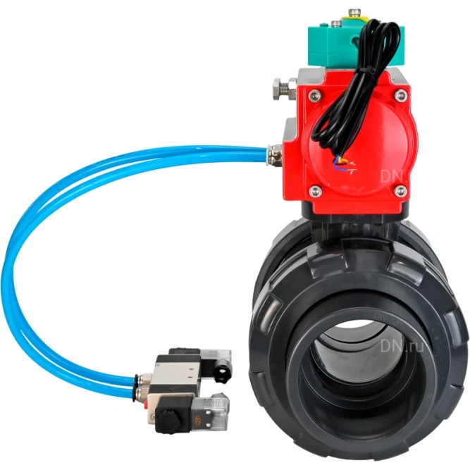 Кран шаровой BV4242E-FP-GRM-ISO Дн65 Ру10 полнопроходной, корпус - НПВХ, шар - НПВХ, уплотнение - EPDM, с пневмоприводом PA-DA-065, пневмораспределителем 4V320-10 AC220V и магнитным переключателем ALS200D в Омске