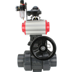 Кран шаровой BV4242E-FP-GRM-ISO Дн100 Ру10 полнопроходной, корпус - НПВХ, шар - НПВХ, уплотнение - EPDM, с пневмоприводом PA-DA-065, пневмораспределителем 4V320-08 AC220V, ручным дублером MON1-250-T26-ISO, БКВ APL-210N и БПВ AFC2000