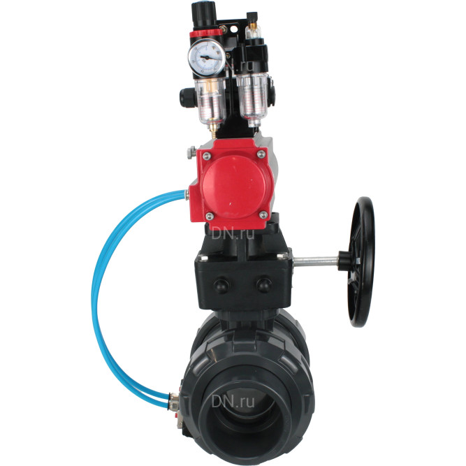 Кран шаровой BV4242E-FP-GRM-ISO Дн100 Ру10 полнопроходной, корпус - НПВХ, шар - НПВХ, уплотнение - EPDM, с пневмоприводом PA-DA-065, пневмораспределителем 4V320-08 AC220V, ручным дублером MON1-250-T26-ISO, БКВ APL-210N и БПВ AFC2000 в Омске