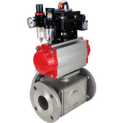 Кран шаровой BV3232P(4pc)-FP-3WL-F Ду25 Ру16 полнопроходной трехходовой, фланцевый, корпус - нержавеющая сталь SS316, с пневмоприводом PA-DA-052 двойного действия, пневмораспределителем 4M310-08 AC220V, БКВ APL-410N EX и БПВ AFC2000