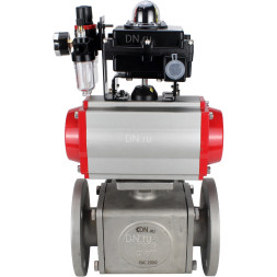 Кран шаровой BV3232P(4pc)-FP-3WL-F Ду25 Ру16 полнопроходной трехходовой, фланцевый, корпус - нержавеющая сталь SS316, с пневмоприводом PA-DA-052 двойного действия, пневмораспределителем 4M310-08 AC220V, БКВ APL-410N EX и БПВ AFC2000