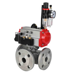 Кран шаровой BV3232P(4pc)-FP-3WL-F Ду15 Ру16 полнопроходной трехходовой, фланцевый, корпус - нержавеющая сталь SS316, с пневмоприводом PA-SA-052, пневмораспределителем 4M310-08 DC24V и БПВ AFC2000
