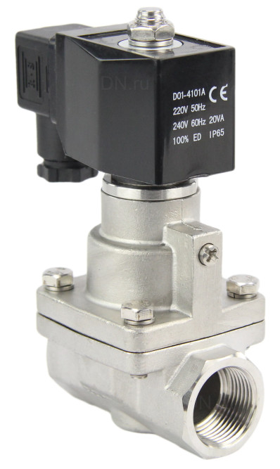 Клапан электромагнитный VS1031-PT-NC-220VAC 1″ Ду25 Ру16 соленоидный двухходовой поршневой, резьбовой, корпус - нержавеющая сталь AISI 304, уплотнение - PTFE, пилотного действия, нормально закрытый, катушка - 220В AC в Омске