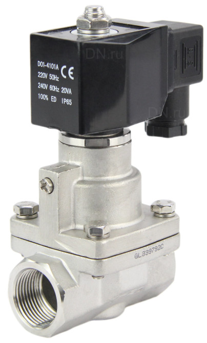 Клапан электромагнитный VS1031-PT-NC-220VAC 1″ Ду25 Ру16 соленоидный двухходовой поршневой, резьбовой, корпус - нержавеющая сталь AISI 304, уплотнение - PTFE, пилотного действия, нормально закрытый, катушка - 220В AC в Омске