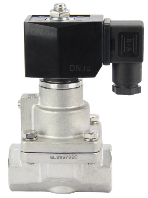 Клапан электромагнитный VS1031-PT-NC-220VAC 1″ Ду25 Ру16 соленоидный двухходовой поршневой, резьбовой, корпус - нержавеющая сталь AISI 304, уплотнение - PTFE, пилотного действия, нормально закрытый, катушка - 220В AC в Омске