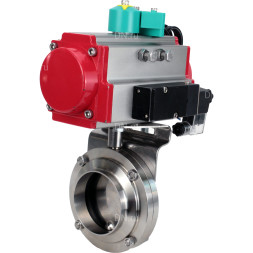 Затвор дисковый поворотный WBV3131S-2W-W-H Ду25 Ру10 под приварку, пищевая нержавеющая сталь 304, уплотнение - Silicon, с пневмоприводом PA-DA-052, пневмораспределителем 4M310-08 DC24V и магнитным переключателем ALS200D