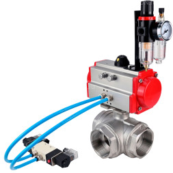 Кран шаровой BV3232P(4pc)-SP-3WL-T-ISO-H Ду25 Ру63, стандартнопроходной, четырехсоставной, корпус - нержавеющая сталь 316, уплотнение - PTFE, внутренняя резьба, с пневмоприводом PA-SA-052, пневмораспределителем 4V320-08 AC220V, БПВ AFC2000